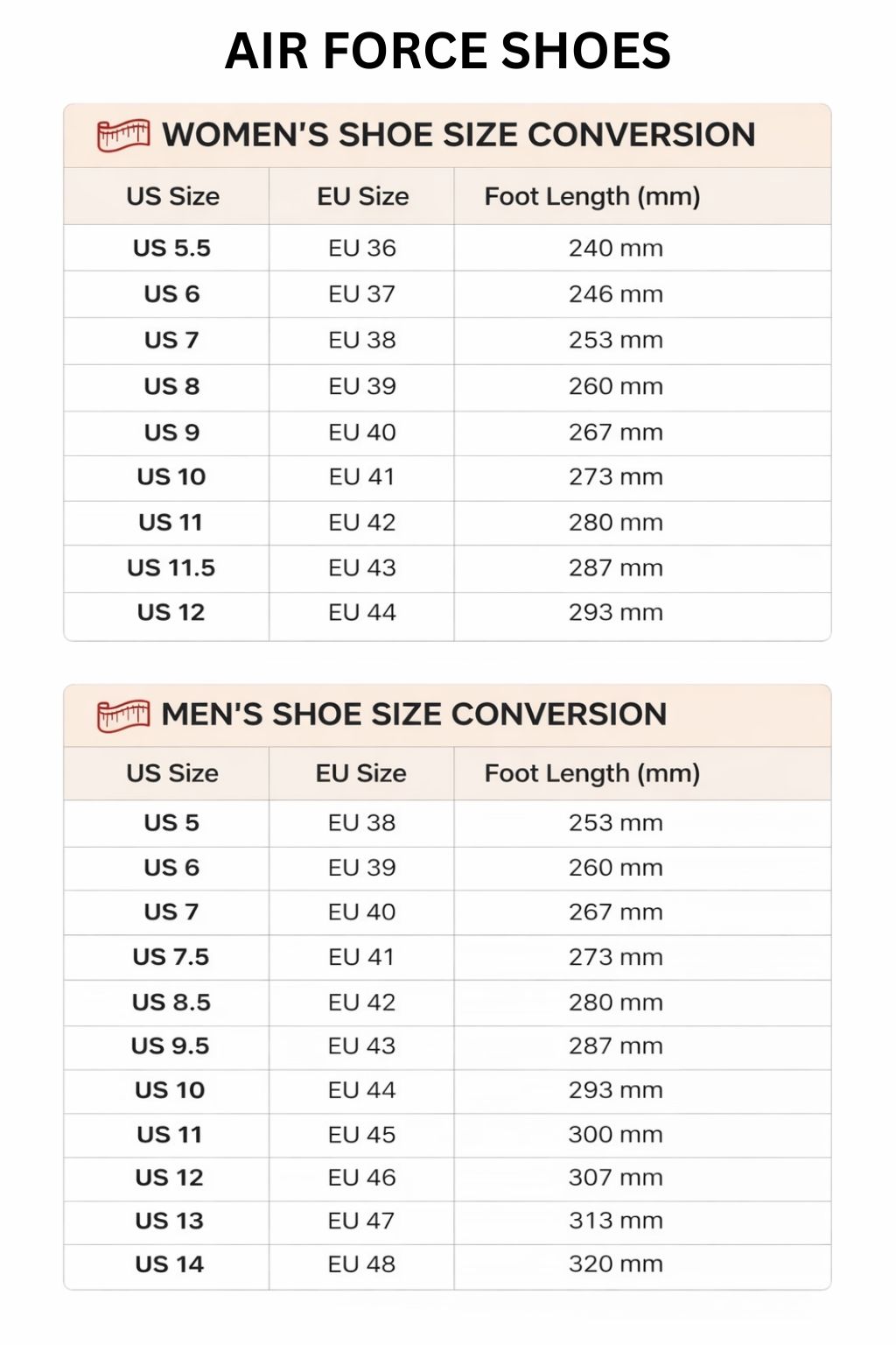 Air Force Shoes Size Chart - Tokyo Ghoul Shop