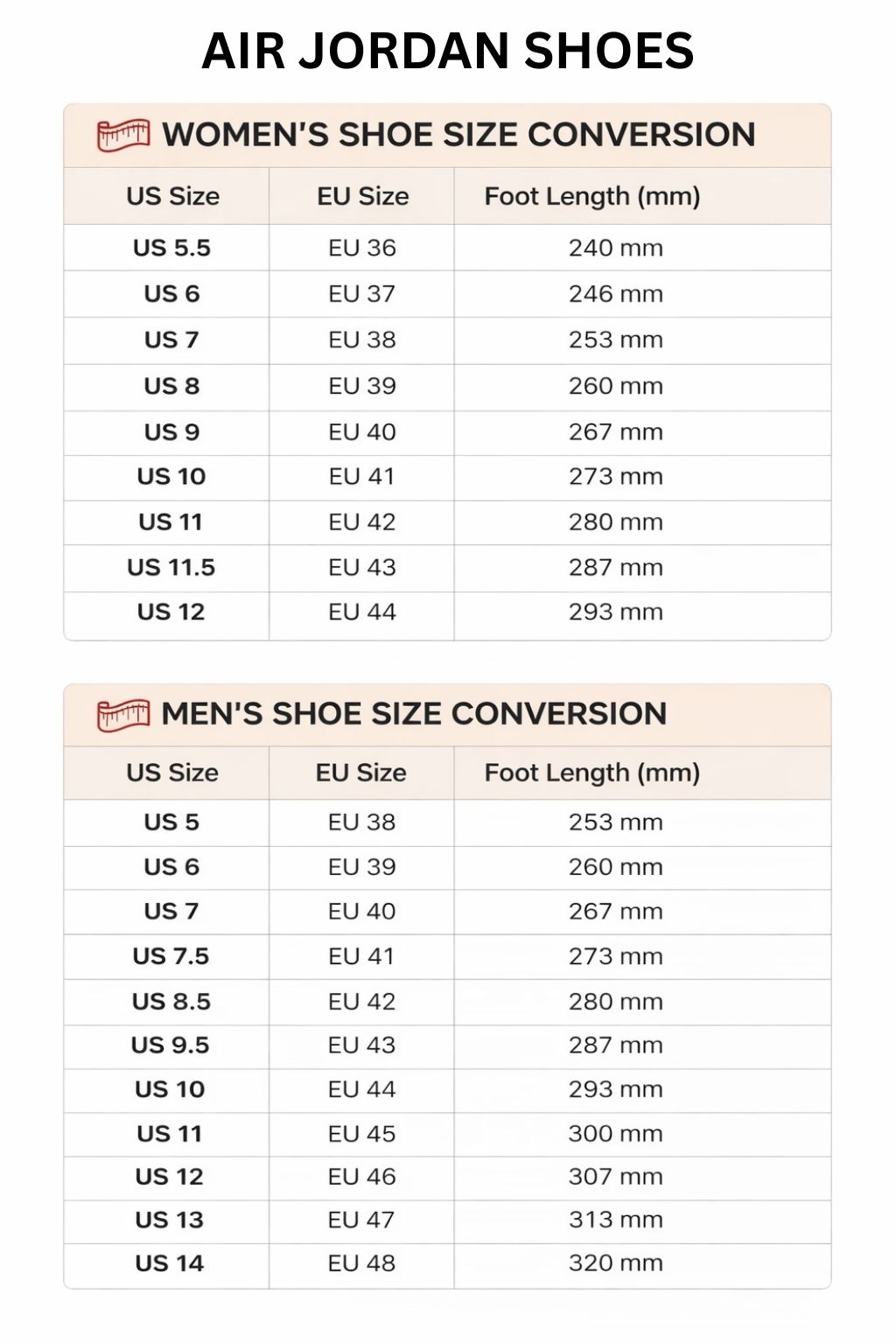 Air Jordan High Low Top Shoes Size Chart - Tokyo Ghoul Shop