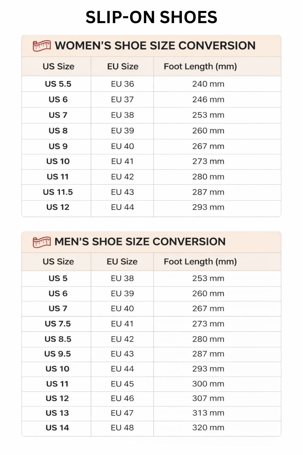 Slip On Shoes Size Chart - Tokyo Ghoul Shop